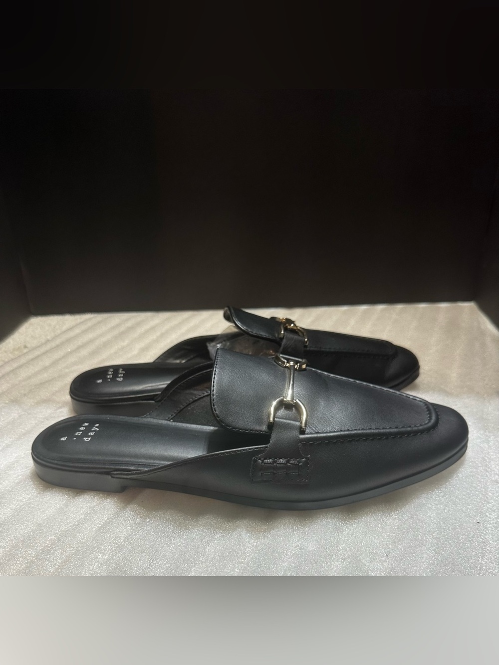a new day Black Leather Mule Loafers with Gold Bit